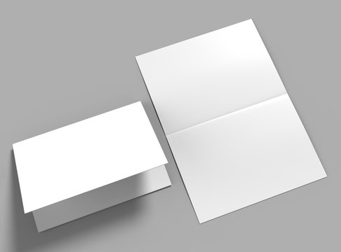 Bi fold or  Horizontal half fold brochure mock up isolated on soft gray background. 3D render illustration