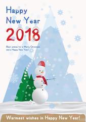 Festive poster with a new year and a Merry Christmas. Greeting card with a snowman on a background of trees and snow mountains. Flat vector illustration EPS10