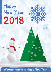 Festive poster with a new year and a Merry Christmas. Greeting card with a snowman on a background of trees and snow. Flat vector illustration EPS10.