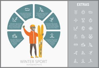 Winter sport infographic template, elements and icons. Infograph includes customizable circular diagram, line icon set with sport equipment, winner trophy, team games, champion pedestal, athlete etc.