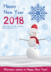 Festive poster with a new year and a Merry Christmas. Greeting card with a snowman on a background of snow. Flat vector illustration EPS10.