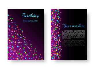 Brochure template with multi-colored falling confetti on a lilac background