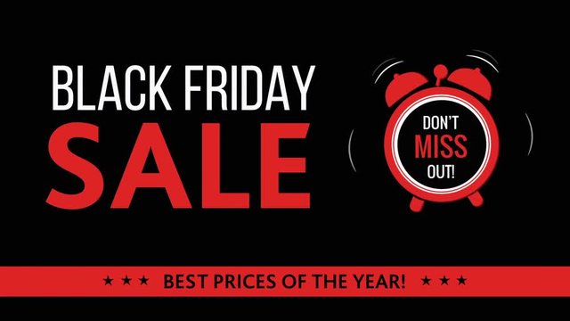Black Friday Sale Animation  with alarm clock on the black background. Motion graphics