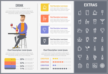 Drink infographic template, elements and icons. Infograph includes customizable charts, graphs, line icon set with bar drinks, alcohol beverage, variety of glasses, non-alcoholic beverages etc.