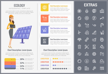 Fototapeta na wymiar Ecology infographic template, elements and icons. Infograph includes customizable charts, graphs, line icon set with resources of green energy, environmental cycle, water and sun power, factory etc.