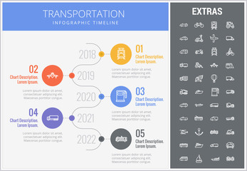 Transportation infographic timeline template, elements and icons. Infograph includes numbered options with years, line icon set with transport vehicle, truck trailer, airplane flight, car, train etc.