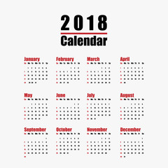 Vector  template of 2018 new year calendar in clean minimal table simple style red black and white color