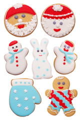 Set of Christmas gingerbread cookies on white background isolated