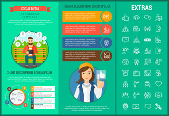 Social media infographic template, elements and icons. Infograph includes customizable graphs, charts, line icon set with social media, global network, electronic mail, internet technology etc.