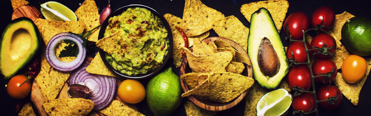 Mexican Food Concept, Corn Nachos and Guacamole Sauce, Banner, Top View