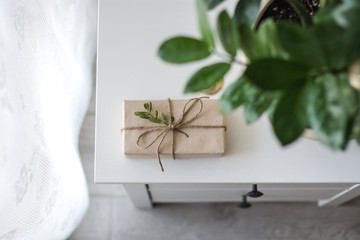 gift wrapped in kraft paper tied with string decorated with a branch with green leaves lies on a...
