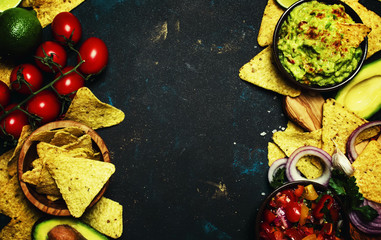 Mexican Food Concept, Nachos, Guacamole, Salsa Sauce, Black Background, Top View
