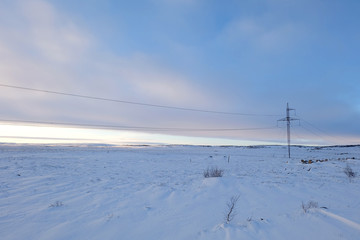 Fototapeta na wymiar Tundra landscape cover with snow in early Winter on the way from Murmansk to Teriberka