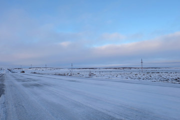 Tundra landscape cover with snow in early Winter on the way from Murmansk to Teriberka