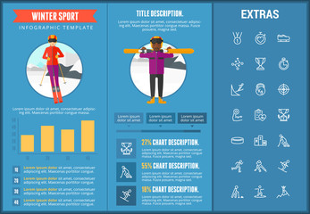 Winter sport infographic template, elements and icons. Infograph includes customizable graphs, charts, line icon set with sport equipment, winner trophy, team games, champion pedestal, athlete etc.