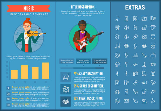 Music infographic template, elements and icons. Infograph includes customizable graphs, charts, line icon set with musical instruments, music notes, microphone, smartphone with mobile application etc.