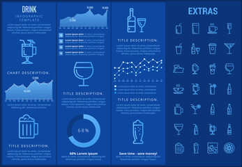Drink infographic template, elements and icons. Infograph includes customizable graphs, charts, line icon set with bar drinks, alcohol beverage, variety of glasses, non-alcoholic beverages etc.