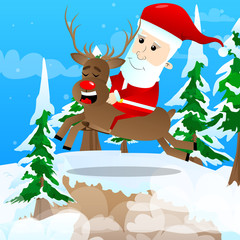 Santa Claus riding a reindeer. Vector cartoon character illustration.