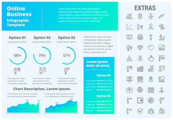 Online business infographic template, elements and icons. Infograph includes customizable graphs, three options, line icon set with stack of money, online market, business worker, mobile shop etc.