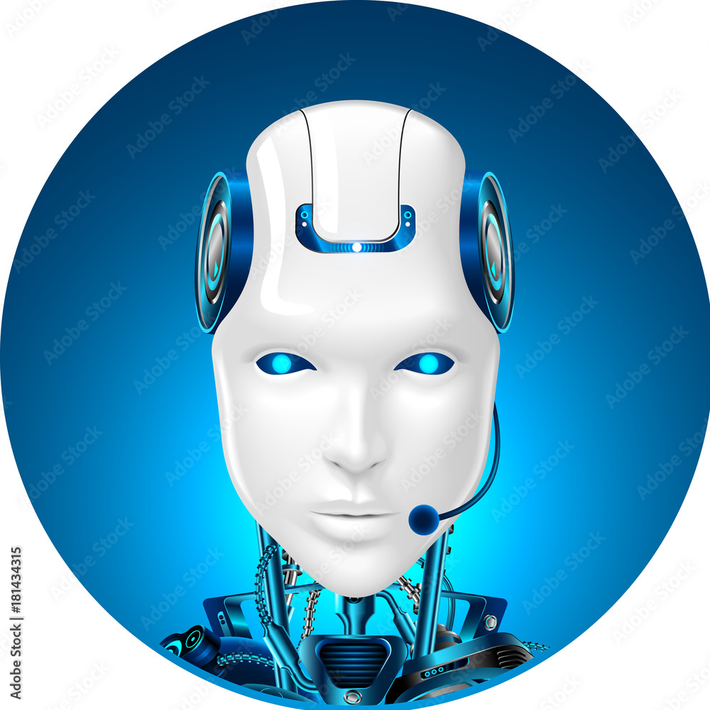 Poster Technical support icon. Chat bot web assistance. Robot in headphone. Front view