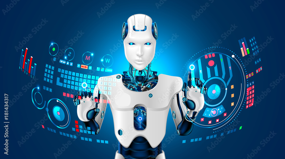 Leinwandbilder Robot humanoid works with a virtual HUD interface in augmented reality. Robot with a plastic face presses button on virtual keyboard and working with virtual holographic interface. Future concept.