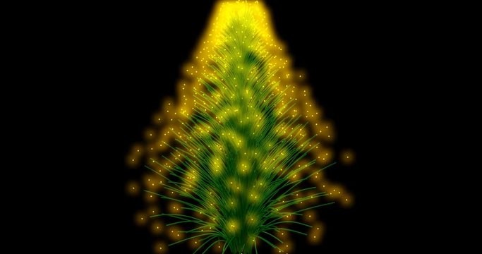 Vibrant 3d particles forming into a glowing yellow , green pine / Christmas tree