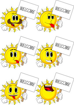 Cartoon sun holding a banner with welcome text. Collection with happy faces. Expressions vector set.