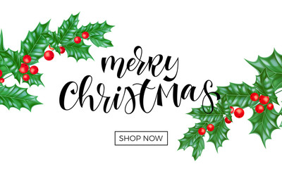 Fototapeta na wymiar Merry Christmas holiday shop sale web banner background template of New Year fir or pine tree branch on white background. Vector Christmas holly wreath ornament for greeting card calligraphy design