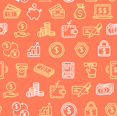 Money Finance Symbols and Signs Pattern Background on a Red. Vector