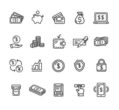 Money Finance Symbols and Signs Black Thin Line Icon Set. Vector