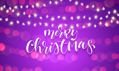 Merry Christmas greeting card calligraphy and Christmas lights garland on sparkling bokeh light background with blur. Vector festive shine and calligrpahy hand drawn lettering for New Year holiday