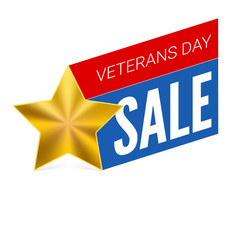 Sticker, banner for sale in the Veterans day. Template for national holiday with yellow metal star, 3D illustration.