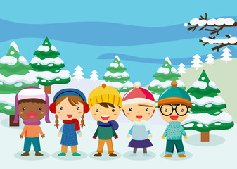 Naklejka premium Group of winter children