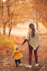 Happy family mother and child daughter playing in nature autumn park on sunset