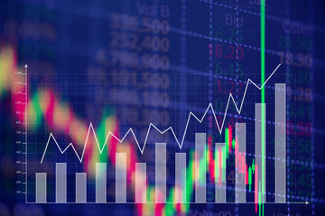 Candle stick graph chart with indicator showing bullish point or bearish point, up trend or down trend of price of stock market or stock exchange trading, investment concept.