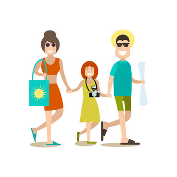 Family beach holidays vector illustration in flat style