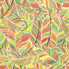 Vector seamless pattern. Brightly colored feathers are arranged randomly drawn manually. The pattern will look spectacular background for the design of banners and invitations.