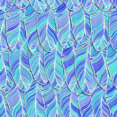 Vector seamless pattern. Bold, colorful feathers in shades of blue hand drawn. The pattern will look spectacular background for design.