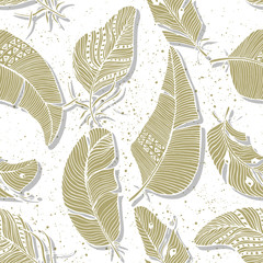 Vector seamless pattern. The monochrome background of various hand drawn feathers on white background.
