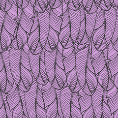 Vector seamless pattern. Background of a variety of hand drawn feathers for decoration.