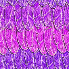 Seamless vector pattern. Background a variety of brightly colored feathers are hand drawn.
