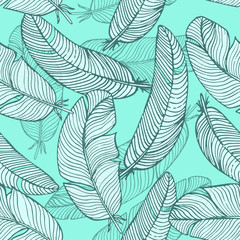 Vector seamless pattern. Background of a variety of hand drawn feathers for decoration.