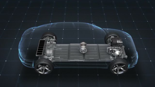 Electronic,  ion battery hybrid car. Charging car battery. Battery level check, future car. side view.