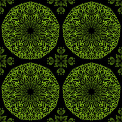 Vector seamless pattern. Fishnet bright green circles on a dark background.