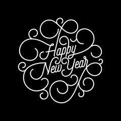 Happy New Year flourish calligraphy lettering of swash line typography for greeting card design. Vector festive ornamental quote New Year text of swirl pattern outline for holiday on black background