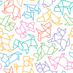 Vector Origami Dogs Seamless Background. Abstract Low Poly Pet Dog Breed Sign Silhouette Pattern Isolated on White. Abstract Animal Geometric Wallpaper Design. 2018 Chinese New Year Symbol