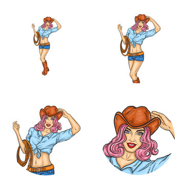 Set of vector pop art round avatar icons for users of social networking, blogs, profile icons. Young rodeo girl in cowboy hat and lasso