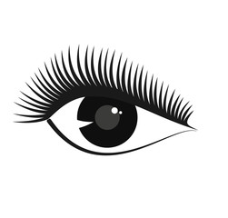 Vector black stylized woman eye symbol with long eyelashes, pupil. Beautiful girl eye with lashes logo for beauty salon advertising, template