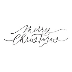 Merry Christmas hand drawn calligraphy text of modern lettering for greeting card design. Vector festive calligraphic trendy typography for Christmas winter holiday quote on white background