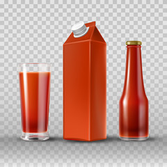 Fototapeta premium Tomato juice and ketchup in paper box, drinking glass and glass bottle, realistic vector set isolated on transparent background. Mock up package, brand design for tomato products, elements for food ad